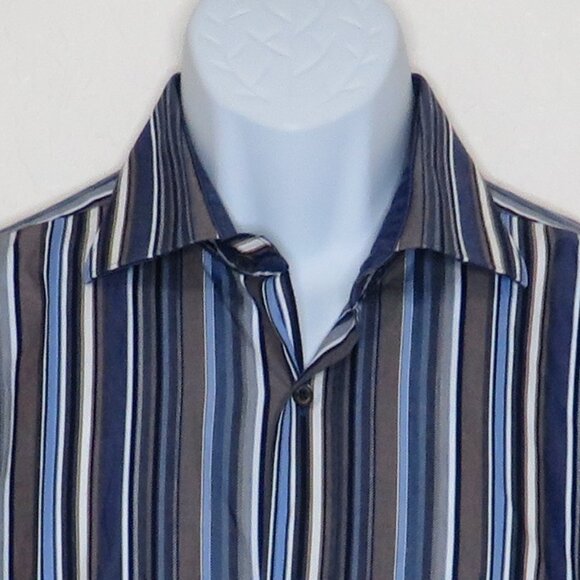 Bugatchi Uomo* Men's Long Sleeve Button Down Curved Hem Stripe Dress Shirt~Large - Picture 10 of 11